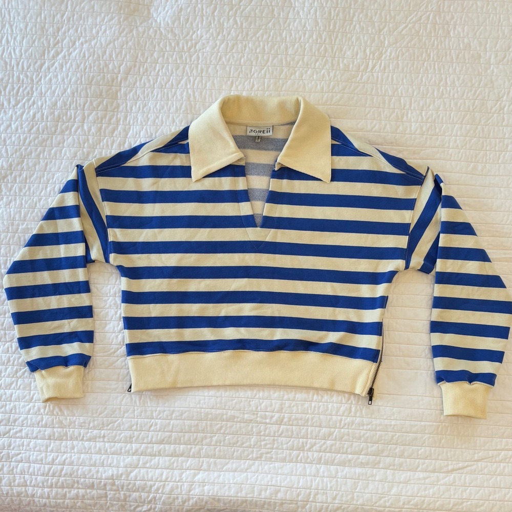 The Greii Rugby Nautical Stripe Cropped Polo Collar Sweatshirt V-Neck Small